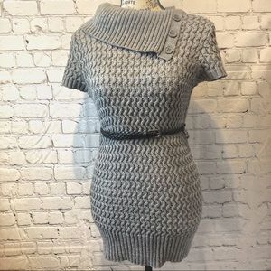Grey Cable Knit Sweater Dress with Belt